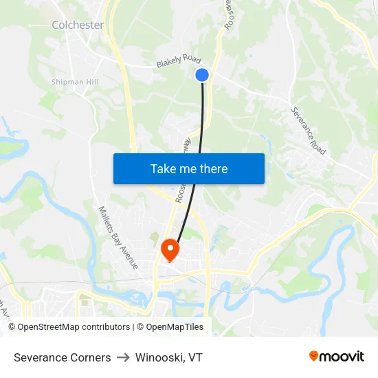 Severance Corners to Winooski, VT map