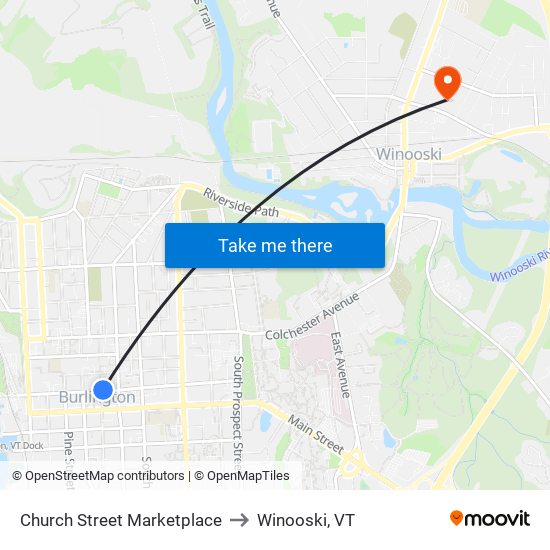 Church Street Marketplace to Winooski, VT map