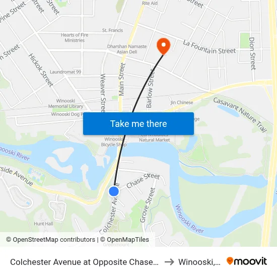 Colchester Avenue at Opposite Chase Street to Winooski, VT map