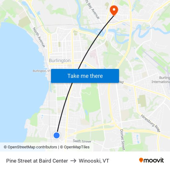 Pine Street at Baird Center to Winooski, VT map