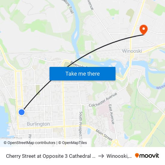 Cherry Street at Opposite 3 Cathedral Square to Winooski, VT map