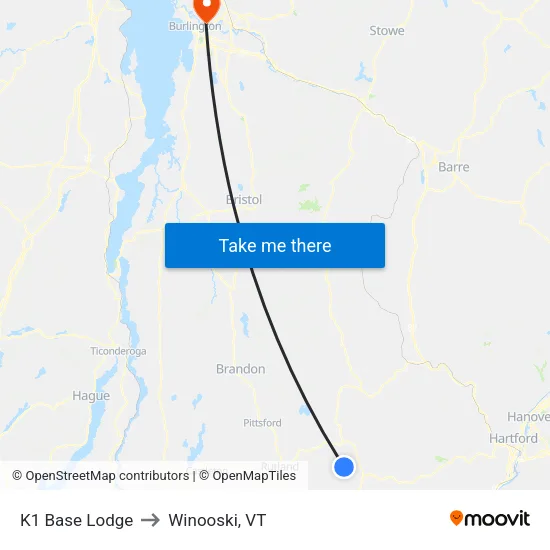 K1 Base Lodge to Winooski, VT map