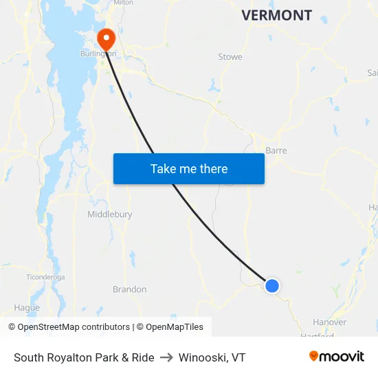 South Royalton Park & Ride to Winooski, VT map