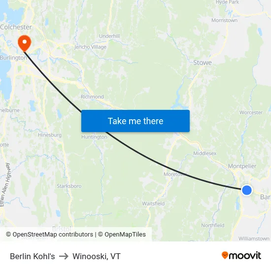 Berlin Kohl's to Winooski, VT map