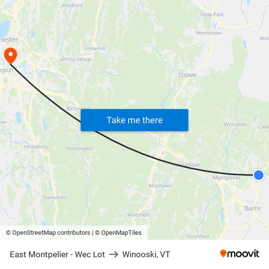 East Montpelier - Wec Lot to Winooski, VT map