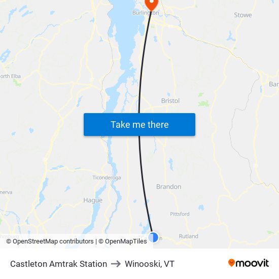 Castleton Amtrak Station to Winooski, VT map