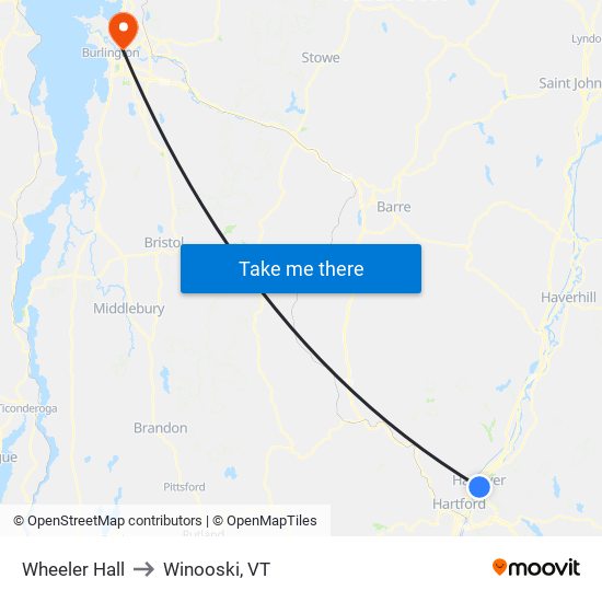 Wheeler Hall to Winooski, VT map