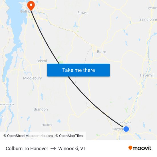 Colburn To Hanover to Winooski, VT map