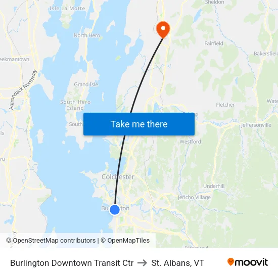 Burlington Downtown Transit Ctr to St. Albans, VT map