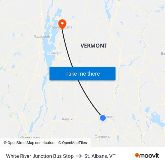 White River Junction Bus Stop to St. Albans, VT map