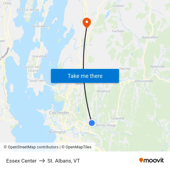 Essex Center to St. Albans, VT map