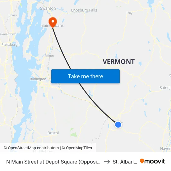 N Main Street at Depot Square (Opposite Courthouse) to St. Albans, VT map