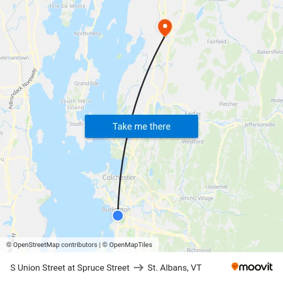 S Union Street at Spruce Street to St. Albans, VT map