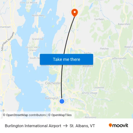 Burlington International Airport to St. Albans, VT map