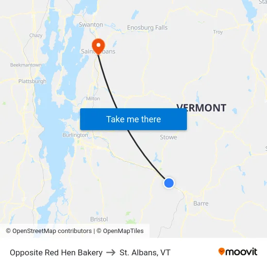 Opposite Red Hen Bakery to St. Albans, VT map