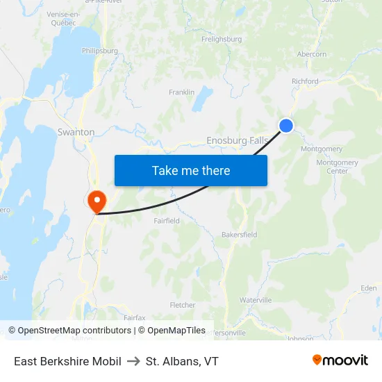 East Berkshire Mobil to St. Albans, VT map