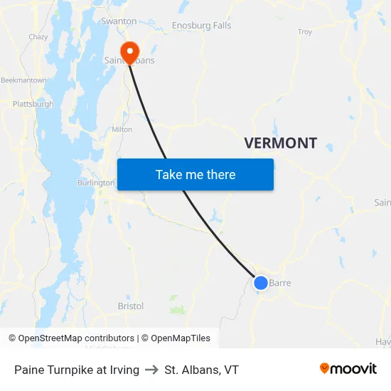 Paine Turnpike at Irving to St. Albans, VT map