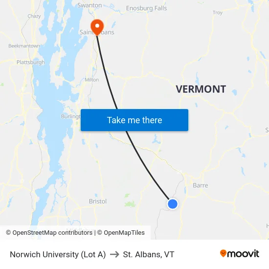 Norwich University (Lot A) to St. Albans, VT map