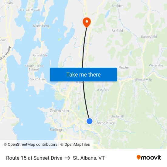 Route 15 at Sunset Drive to St. Albans, VT map