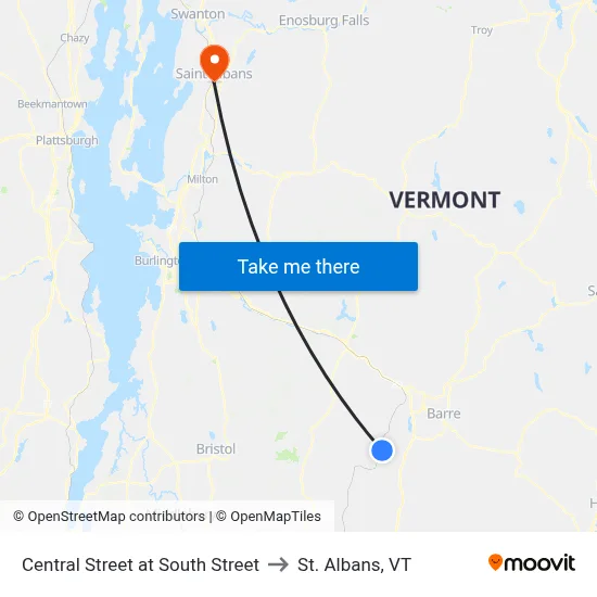 Central Street at South Street to St. Albans, VT map