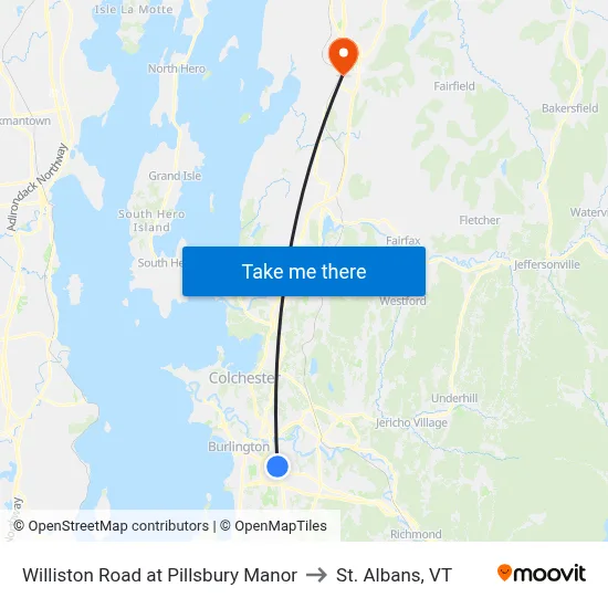 Williston Road at Pillsbury Manor to St. Albans, VT map