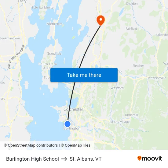 Burlington High School to St. Albans, VT map