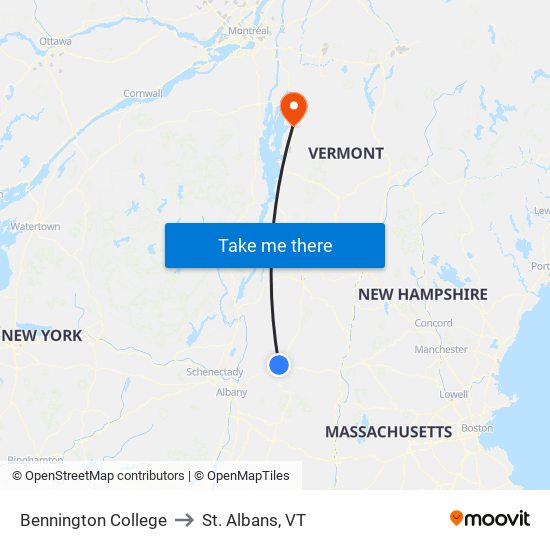 Bennington College to St. Albans, VT map