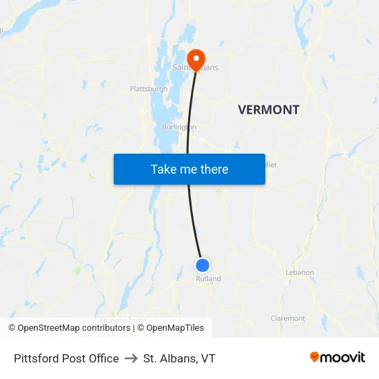 Pittsford Post Office to St. Albans, VT map