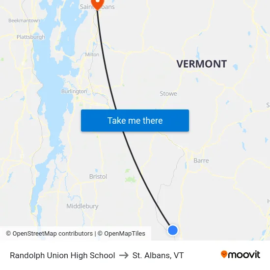 Randolph Union High School to St. Albans, VT map