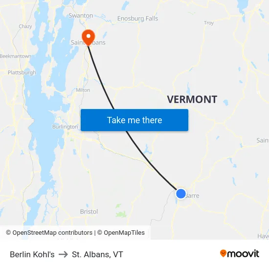 Berlin Kohl's to St. Albans, VT map