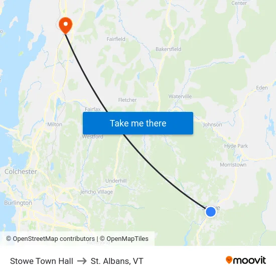 Stowe Town Hall to St. Albans, VT map