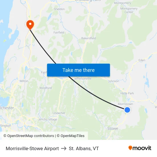 Morrisville-Stowe Airport to St. Albans, VT map