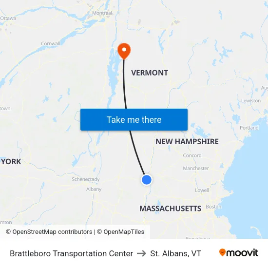 Brattleboro Transportation Center to St. Albans, VT map