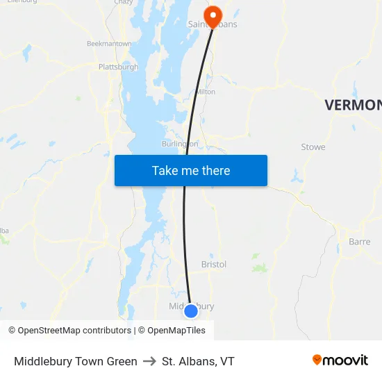 Middlebury Town Green to St. Albans, VT map