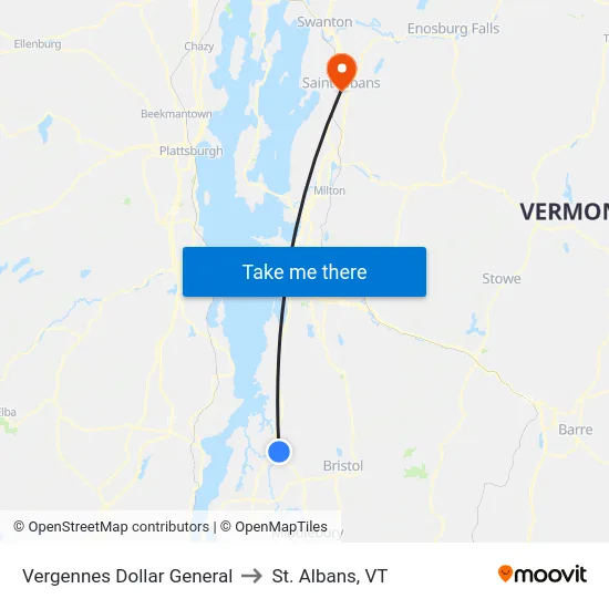 Vergennes Dollar General to St. Albans, VT map