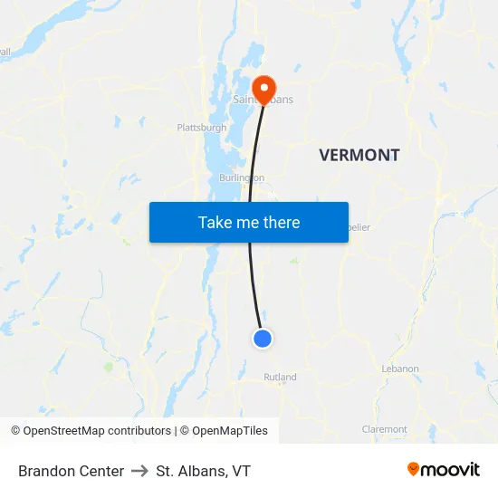 Brandon Center to St. Albans, VT map
