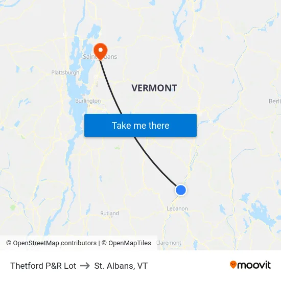 Thetford P&R Lot to St. Albans, VT map