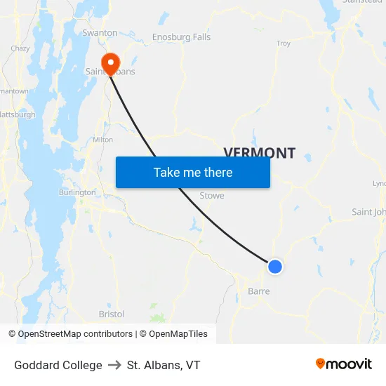 Goddard College to St. Albans, VT map