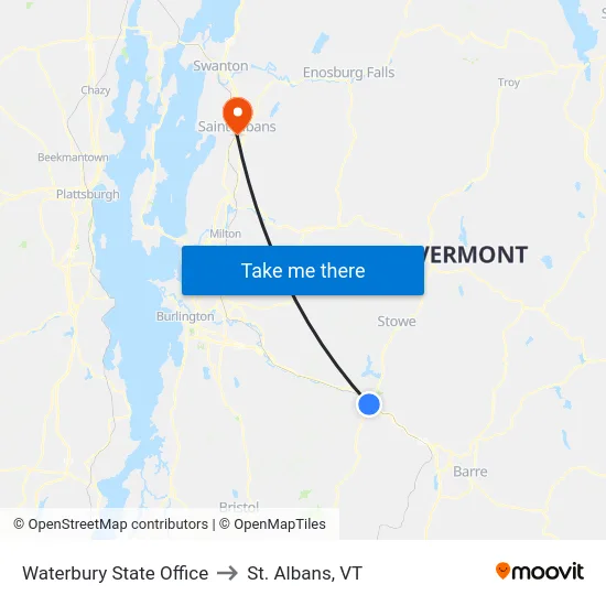 Waterbury State Office to St. Albans, VT map
