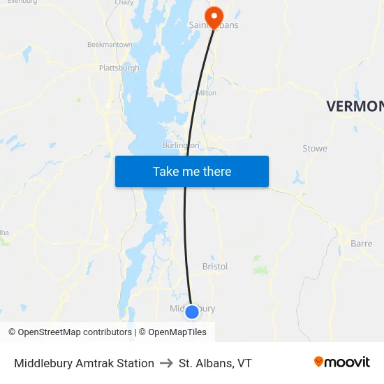 Middlebury Amtrak Station to St. Albans, VT map