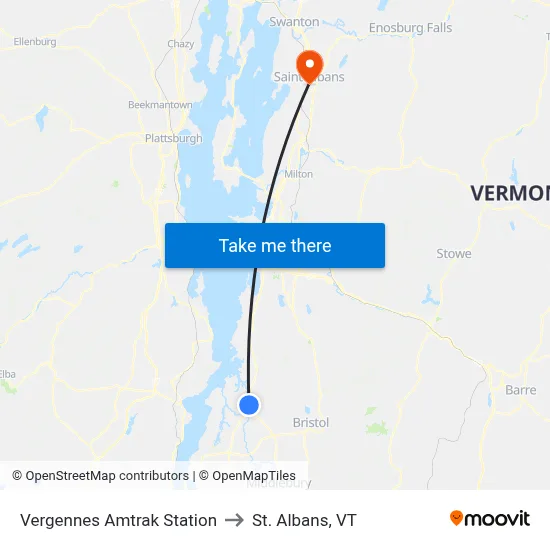 Vergennes Amtrak Station to St. Albans, VT map