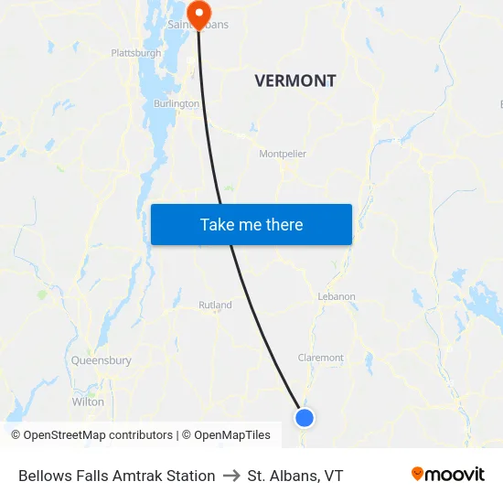 Bellows Falls Amtrak Station to St. Albans, VT map