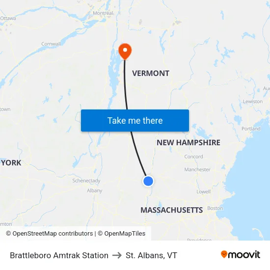 Brattleboro Amtrak Station to St. Albans, VT map