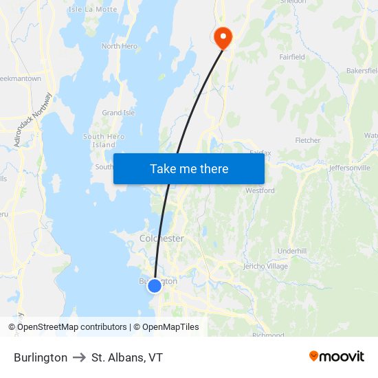 Burlington to St. Albans, VT map