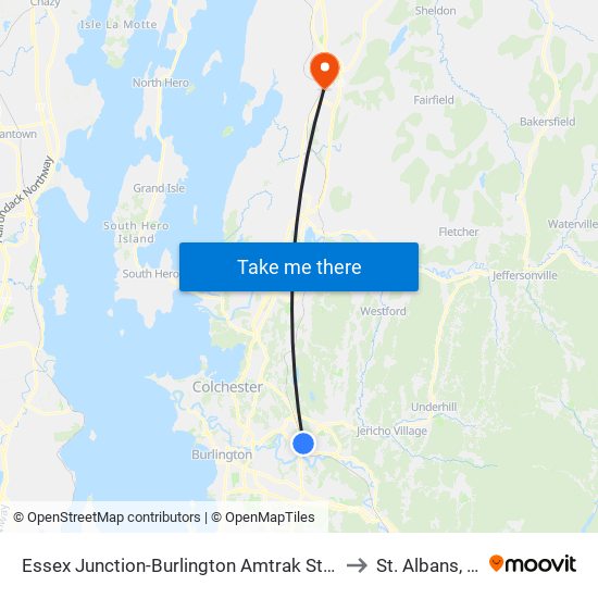 Essex Junction-Burlington Amtrak Station to St. Albans, VT map