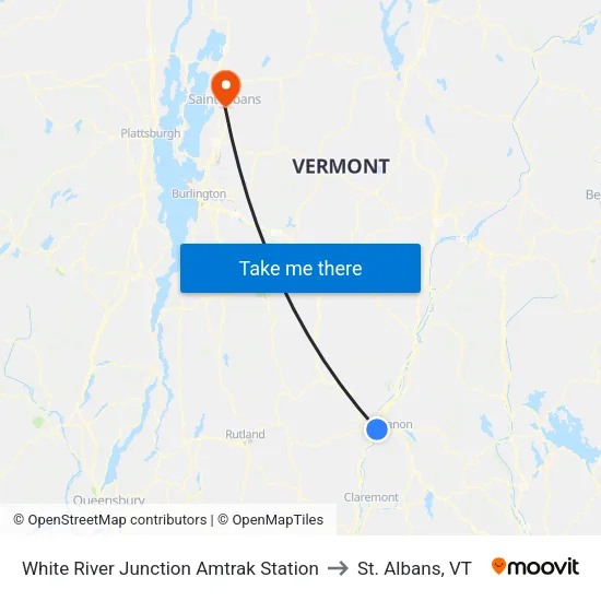 White River Junction Amtrak Station to St. Albans, VT map