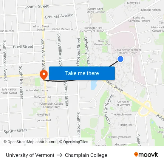 University of Vermont to Champlain College map