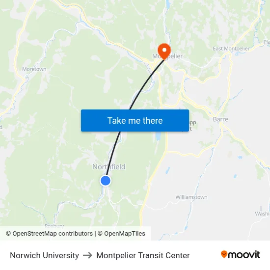 Norwich University to Montpelier Transit Center map