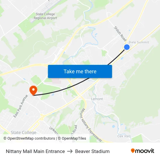 Nittany Mall Main Entrance to Beaver Stadium map