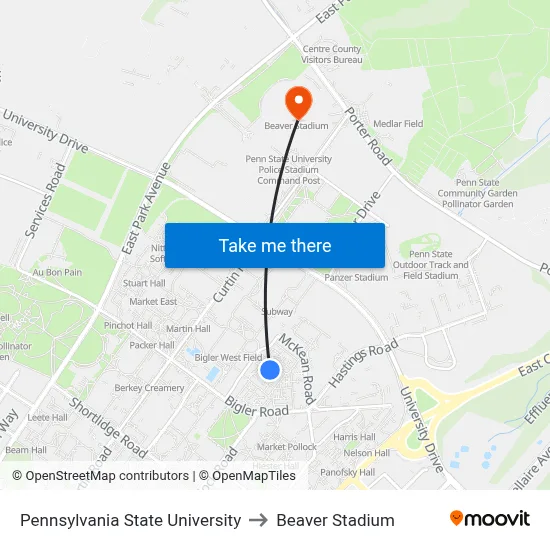 Pennsylvania State University to Beaver Stadium map